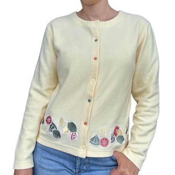 New Christopher & Banks Yellow Embroidered Citric Fruits Cardigan Sweater Size S - Picture 9 of 9